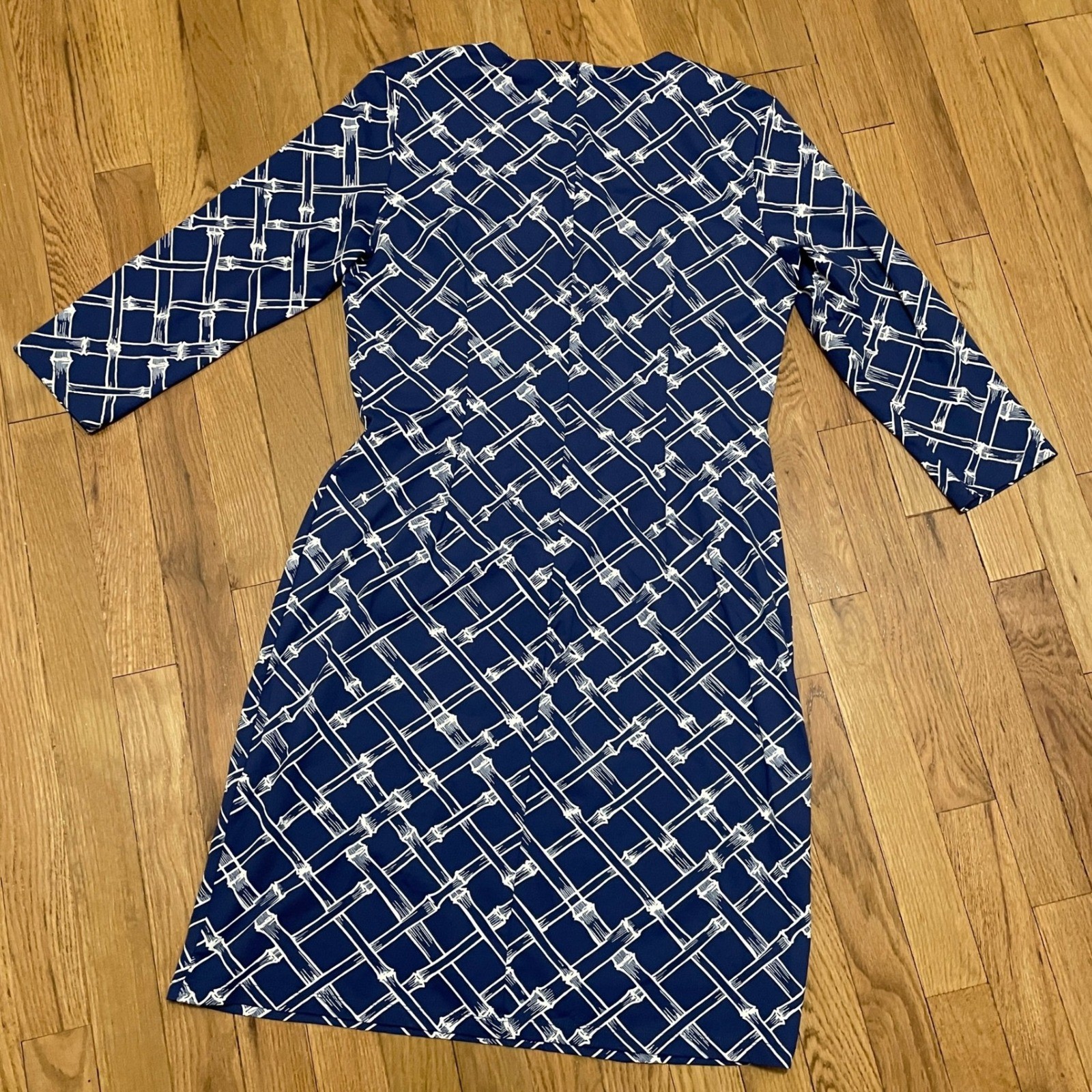 J McLaughlin Sophia Catalina Navy Blue White Bamboo Print Sheath Dress Women’s L
