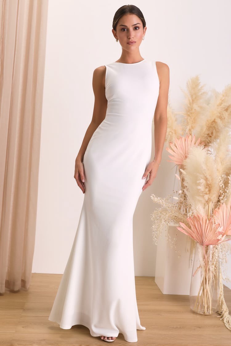 Lulus Va Va Voom Backless Mermaid Wedding Dress XS White Sleeveless Column Maxi
