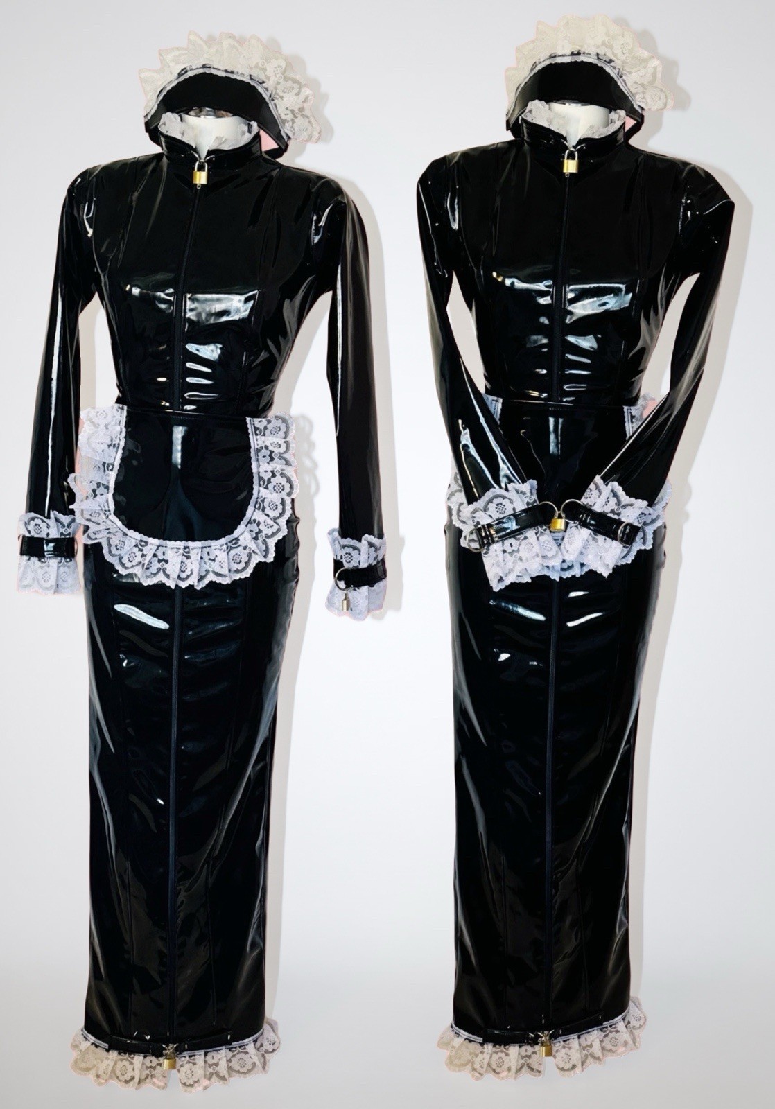 Misfitz blk PVC & lace padlock lockable sissy Maids hobble dress. SIZE 20. CD