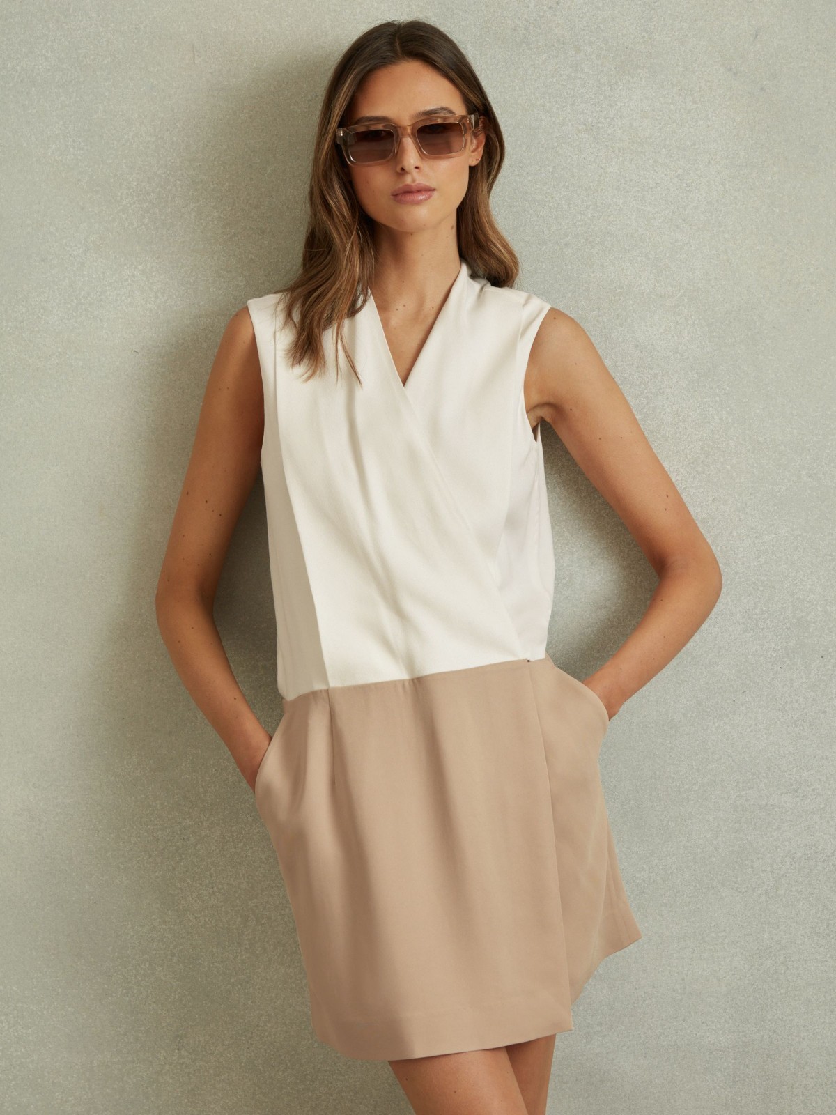 REISS Vie Wrap-Front Shift Dress Nude/Ivory in UK Size 8