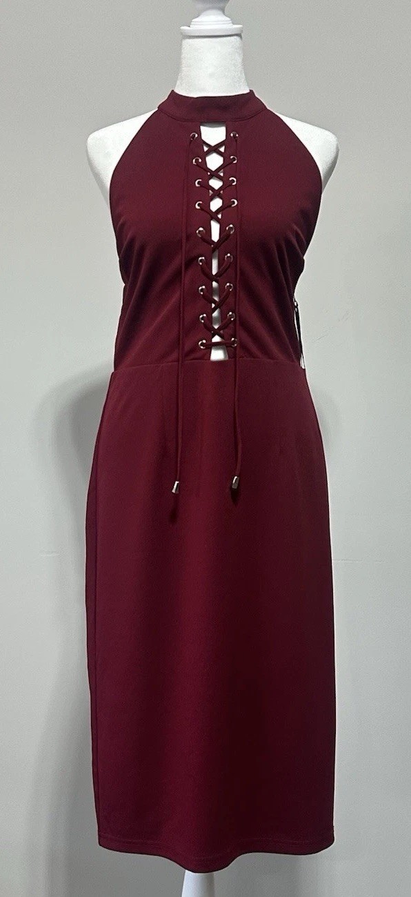 Lulu’s NWT Burgundy Lace-Up Halter Bodycon Midi Dress XL Stretch Lined