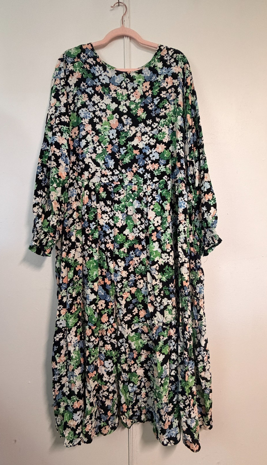 H&M Floral Tiered Maxi Dress XL Plus Size Black Pink Green Smocked Cuff Long
