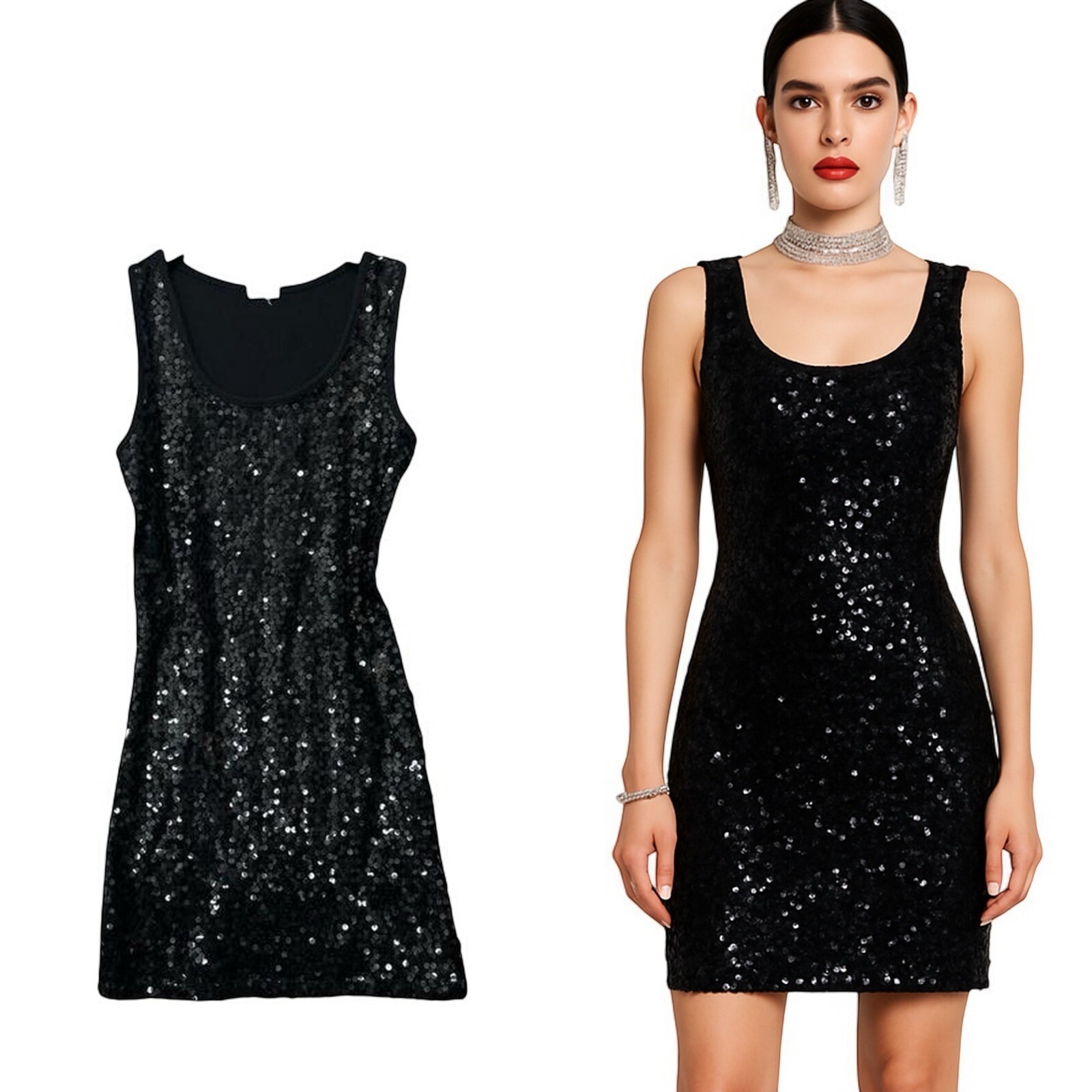 Womens Black Sequin Sleeveless Bodycon Cocktail Dress Size 0 90’s Clubwear Glam