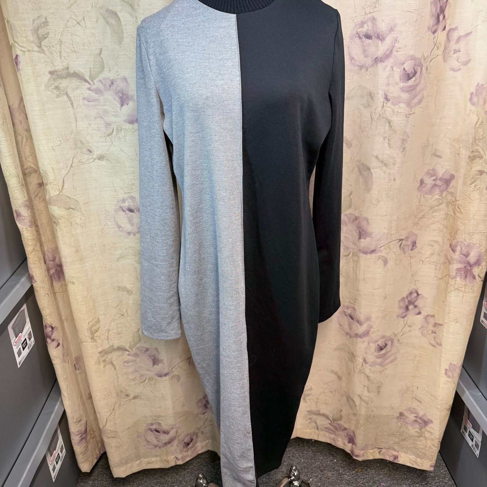 Zara Basic Fall Winter 18 Colorblock Mock Neck Long Sleeve Dress Black Gray NEW