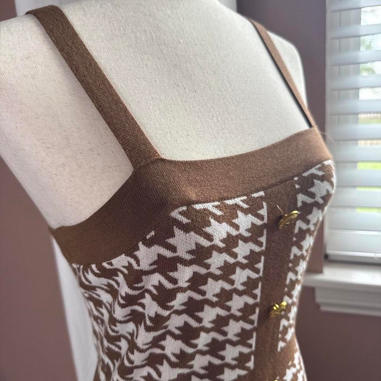 Coco & Shay viscose blend Brown & white houndstooth fitted dress Size M Bodycon