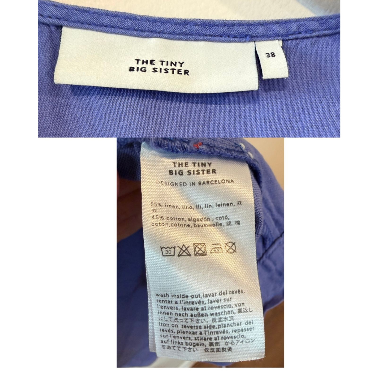 Tiny Big Sister Linen Cotton Periwinkle Blue Short Sleeve Wrap Dress EU 38/US M