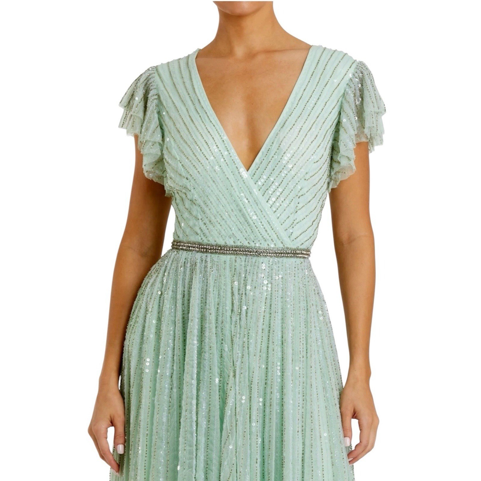 Mac Duggal 5502 Mint Green Sequin Flutter Sleeve A-Line Formal Gown Size 6 $698