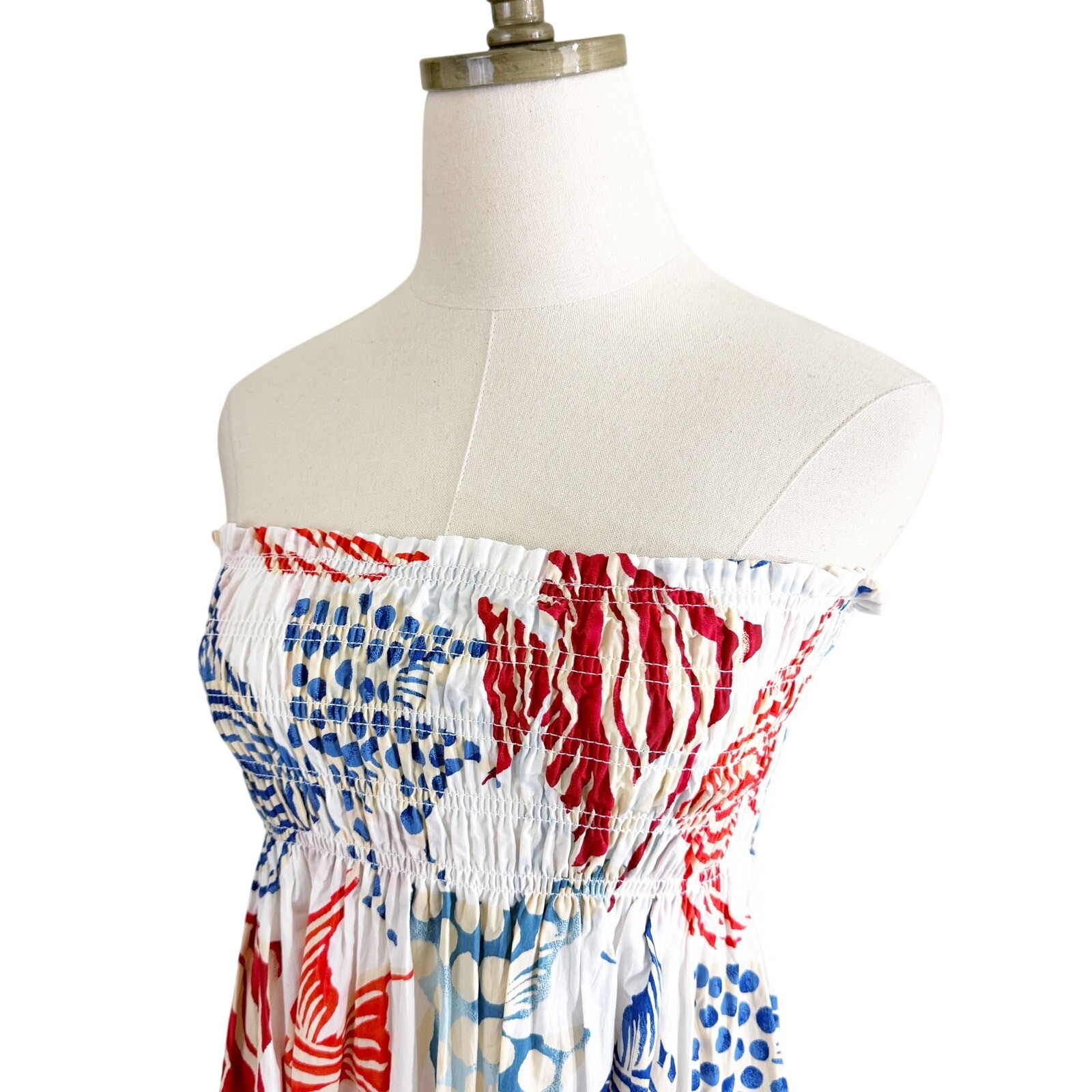 NWT LOFT White/Blue/Red Tropical Fish Print Maxi Strapless Dress Women’s Size S