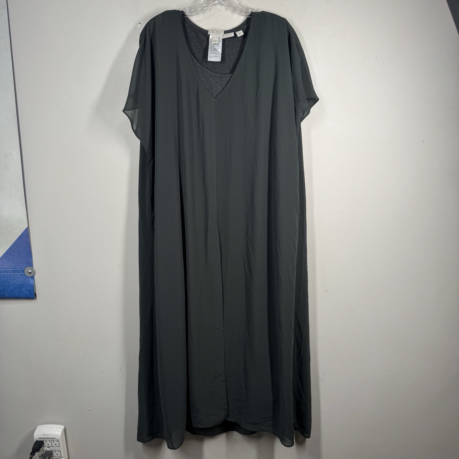 Logo Lori Goldstein Green Gray Layered Chiffon Jersey Stretch Maxi Dress Sz XL