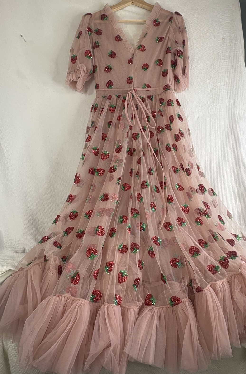 Lirika Matoshi Pink Strawberry Tulle Dress Puff Sleeve Midi V-Neck Lace Up Sz M