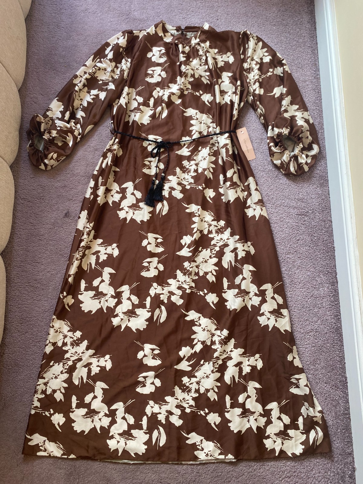 ladies brown and beige satin leaf print maxi dress