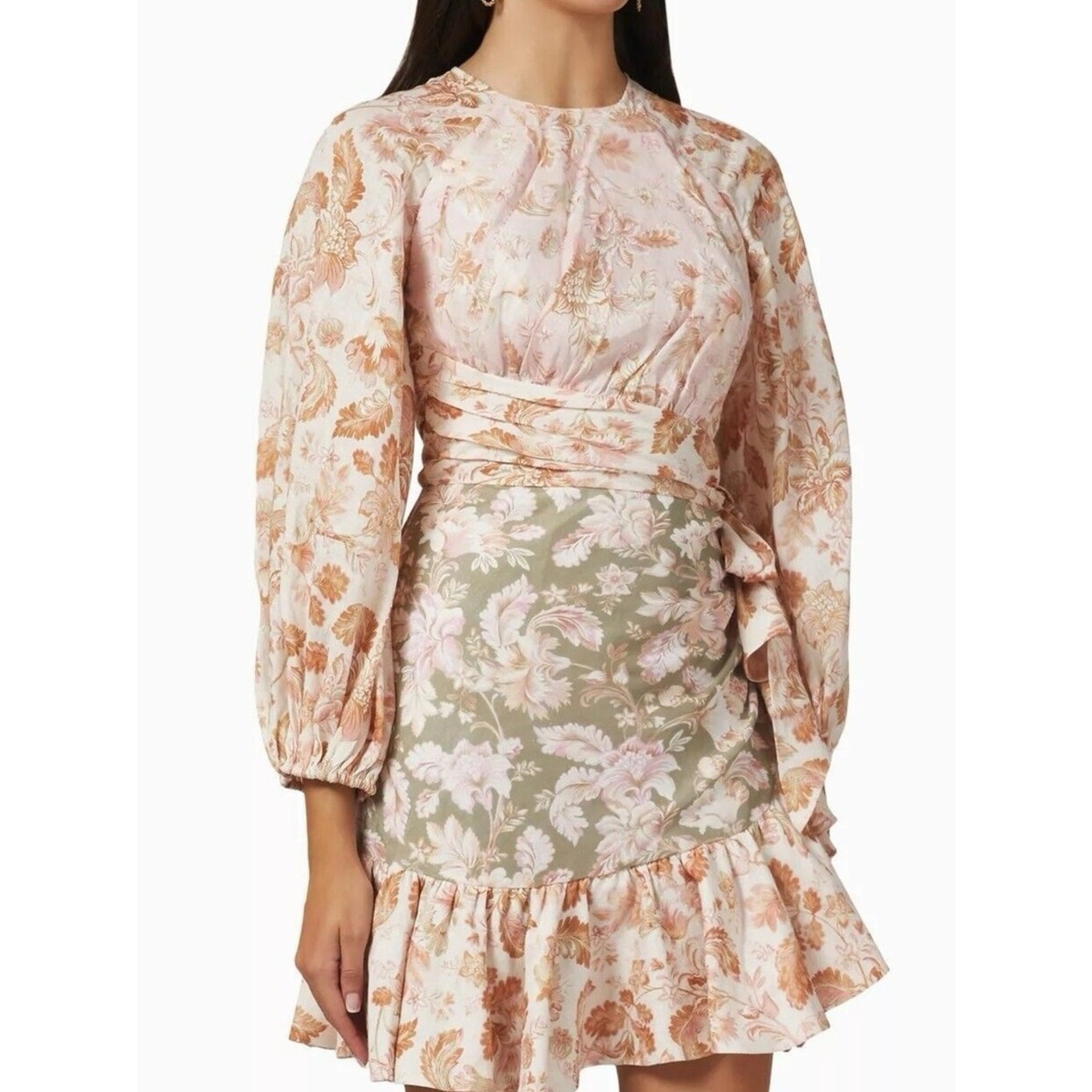 Zimmerman Floral Puff-Sleeve Mini Dress in Blush & Olive OP $899 NWT summer 26