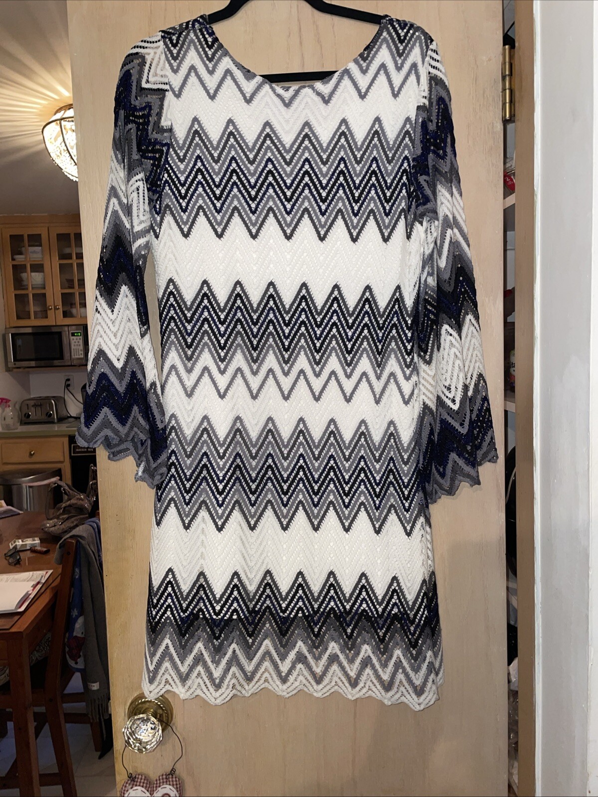 NWT Mechant Crochet Blue White Grey Zig Zag Chevron Bold Pattern Dress X-Large