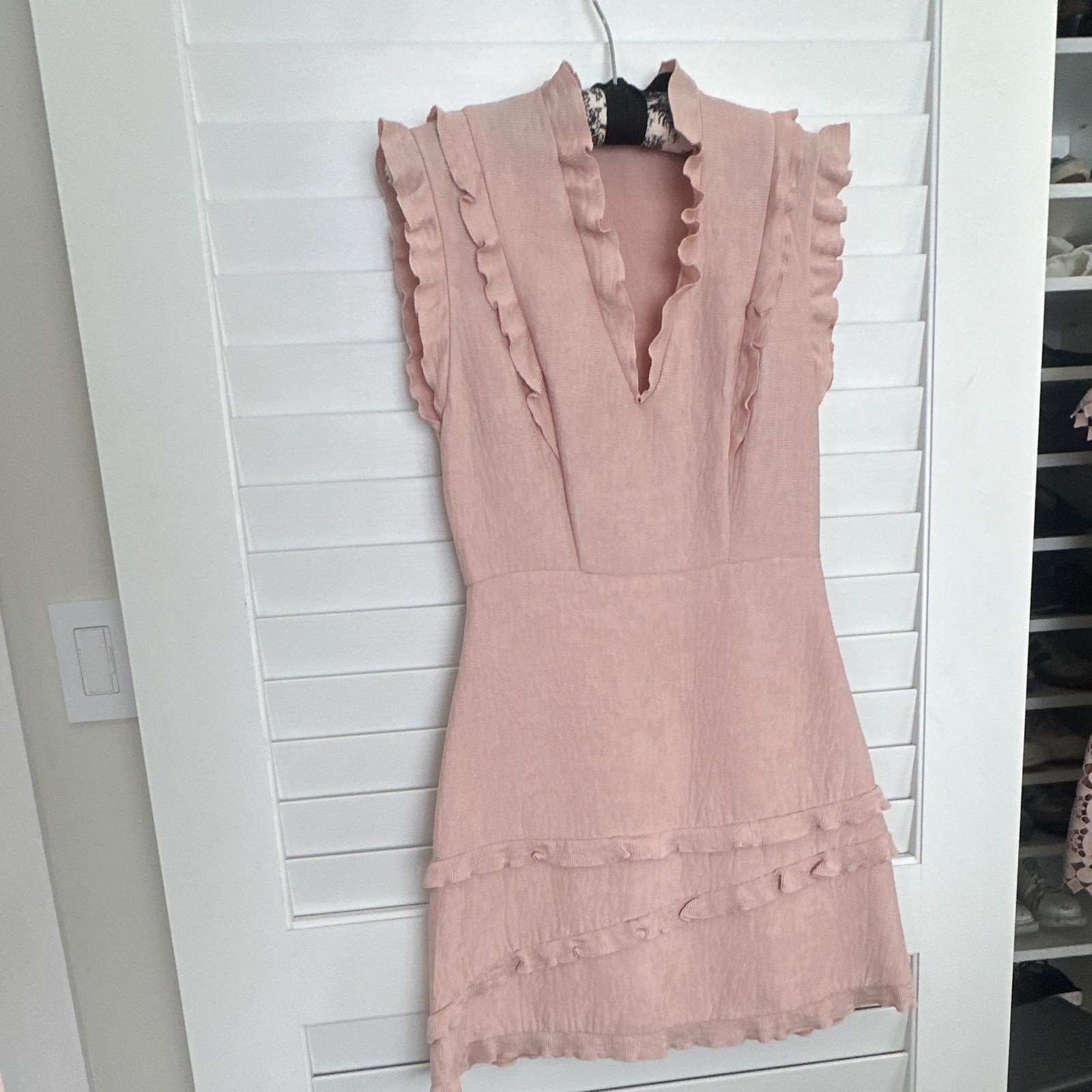 Sandro Paris Pink Ribbed Ruffle V-Neck Sleeveless Mini Dress