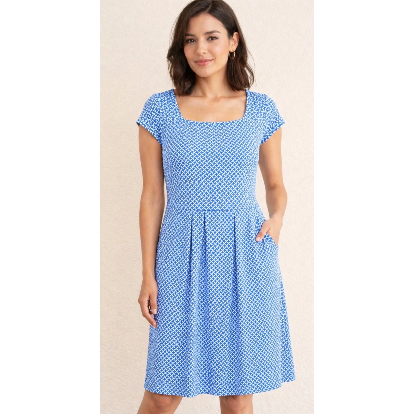 J MCLAUGHLIN Emma Catalina Cloth Mini Dress Blue White Geo Pockets Preppy Sz XS