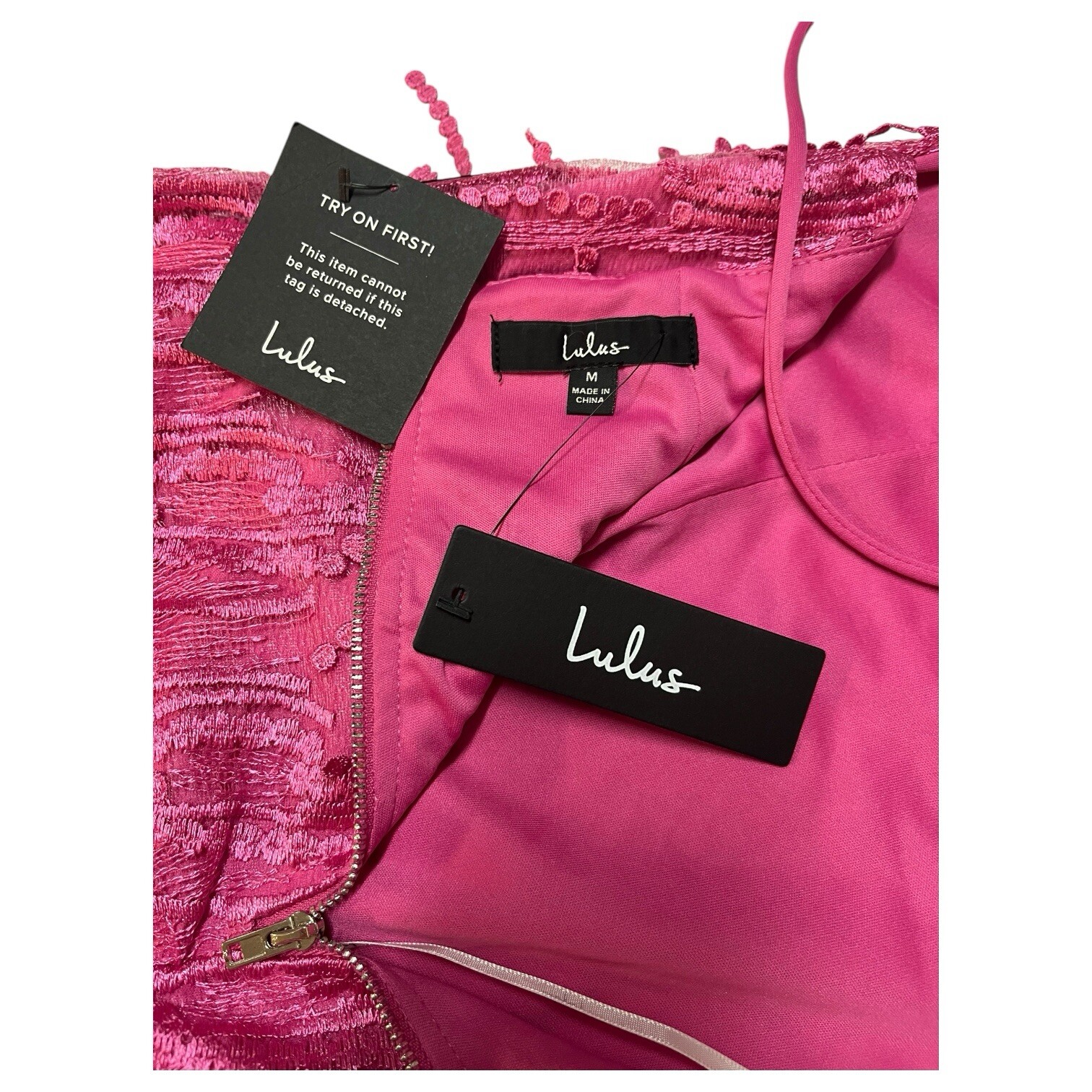 New Lulus Dress Womens M Making Magic Fringe Lace Up Mini Overlay Bright Pink