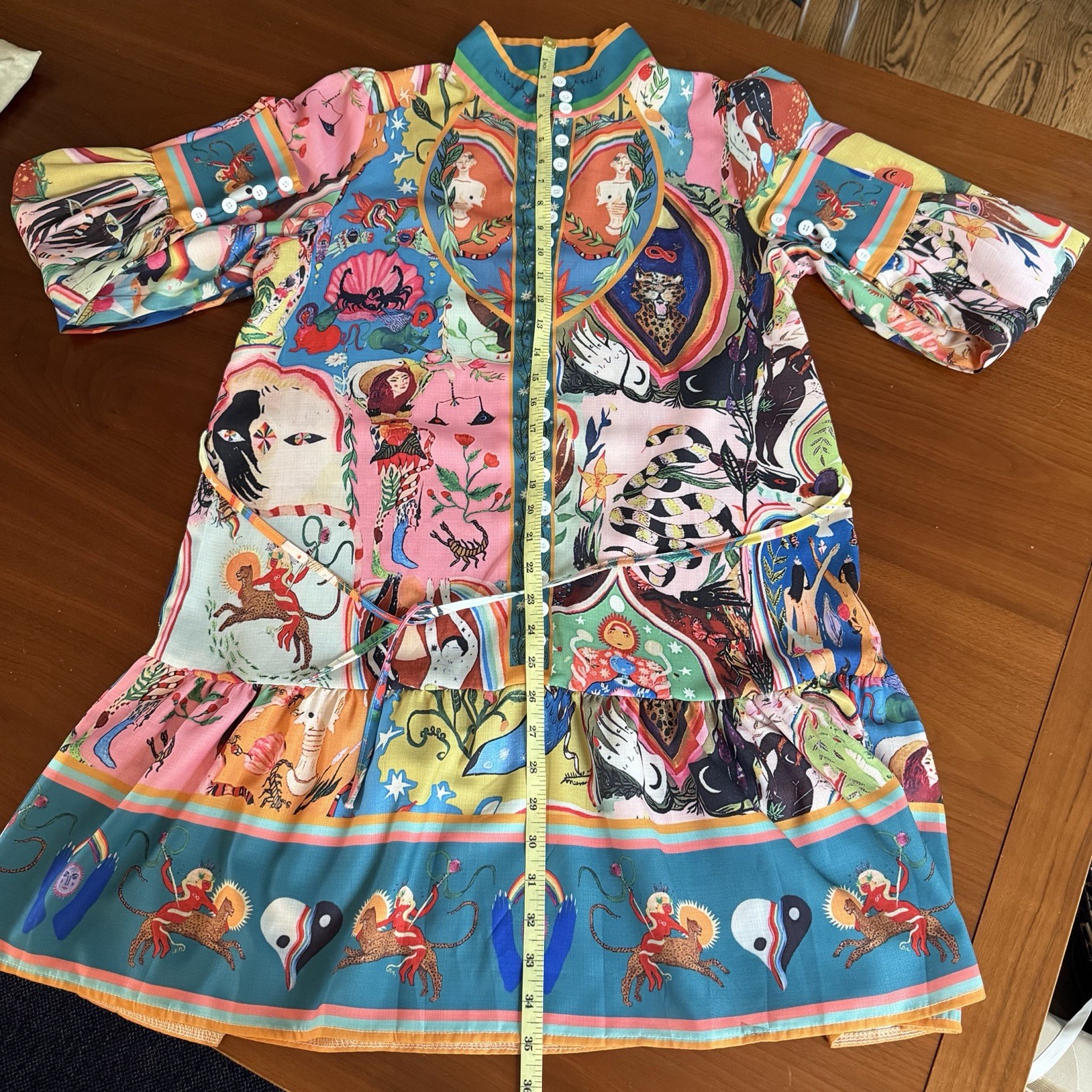 Multicolor Graphic Print Cotton Mini A-Line Long Sleeve Button Front Dress S/M