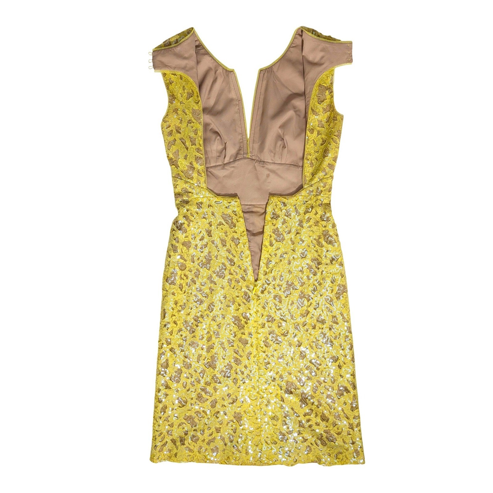 BCBGMAXAZRIA Yellow Sequin Lace Cain Mini Dress Open Back Glam Size 2