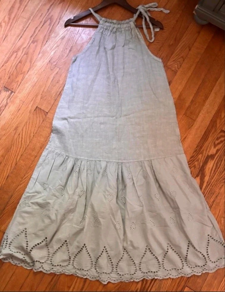 Valentina Naldi Made in Italy 100% Linen Eyelet Tie Shoulder Midi Dress M