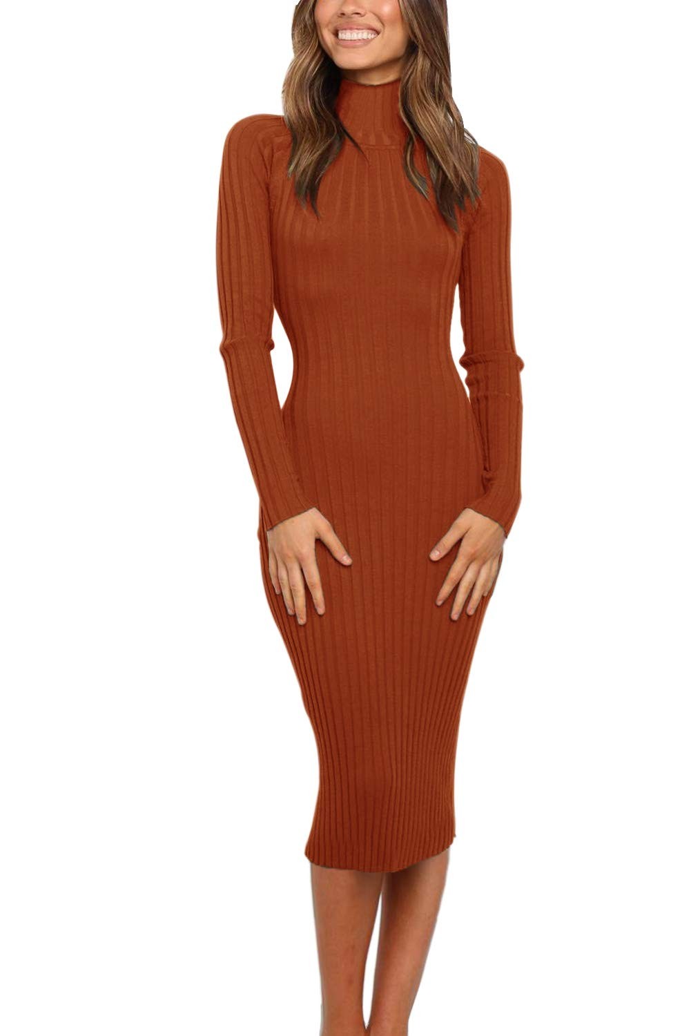 MEROKEETY Women’s 2025 Ribbed Long Sleeve Sweater Dress High Neck Slim Fit Small