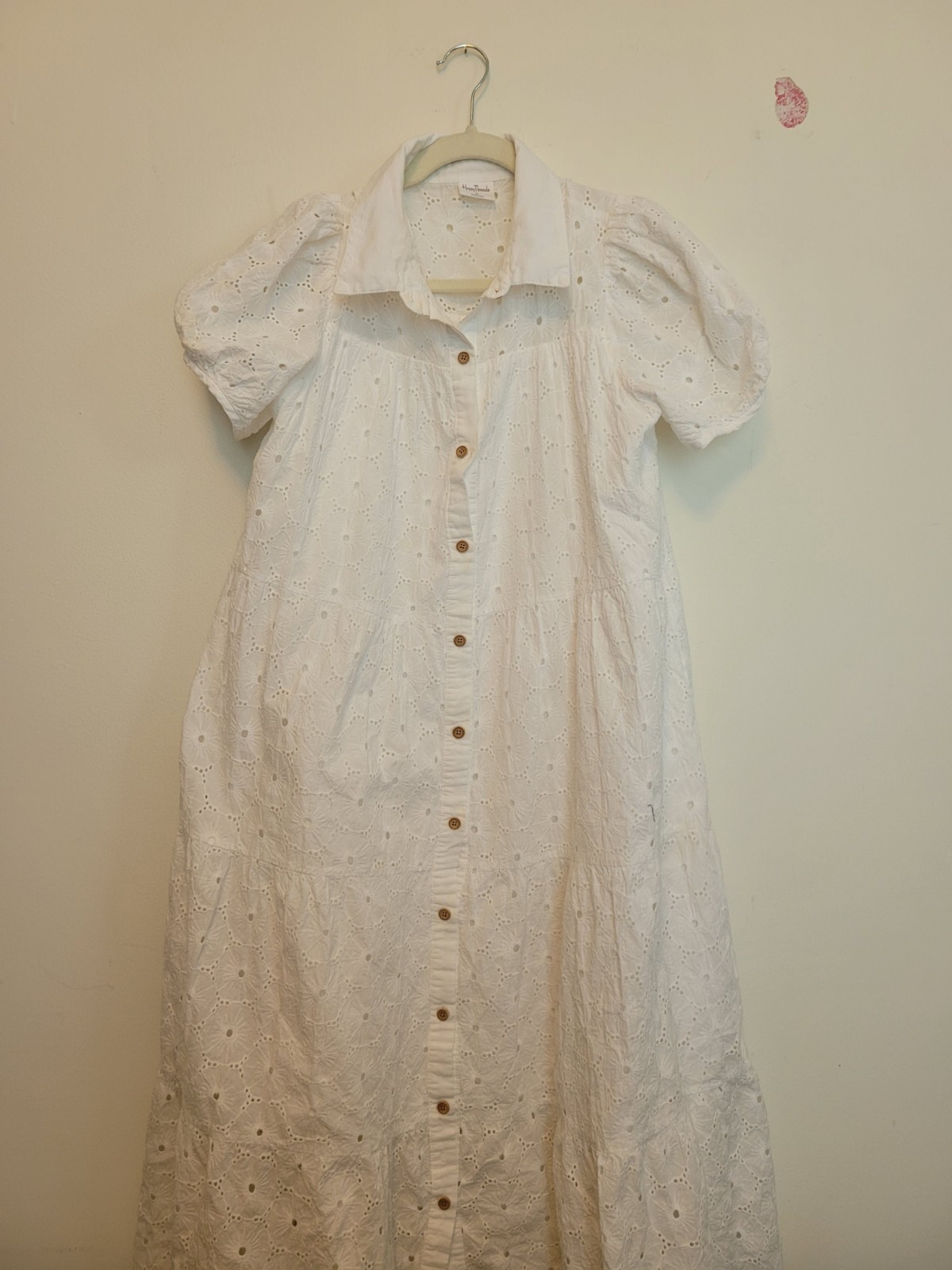 Happy Threads White Eyelet Shirt Dress L Button Front Puff Sleeve