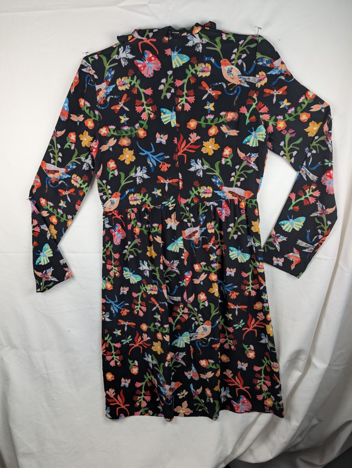 Dress Cacharel Paris Black Silk Floral Birds Butterflies Pleated Bodice 36/4/XS