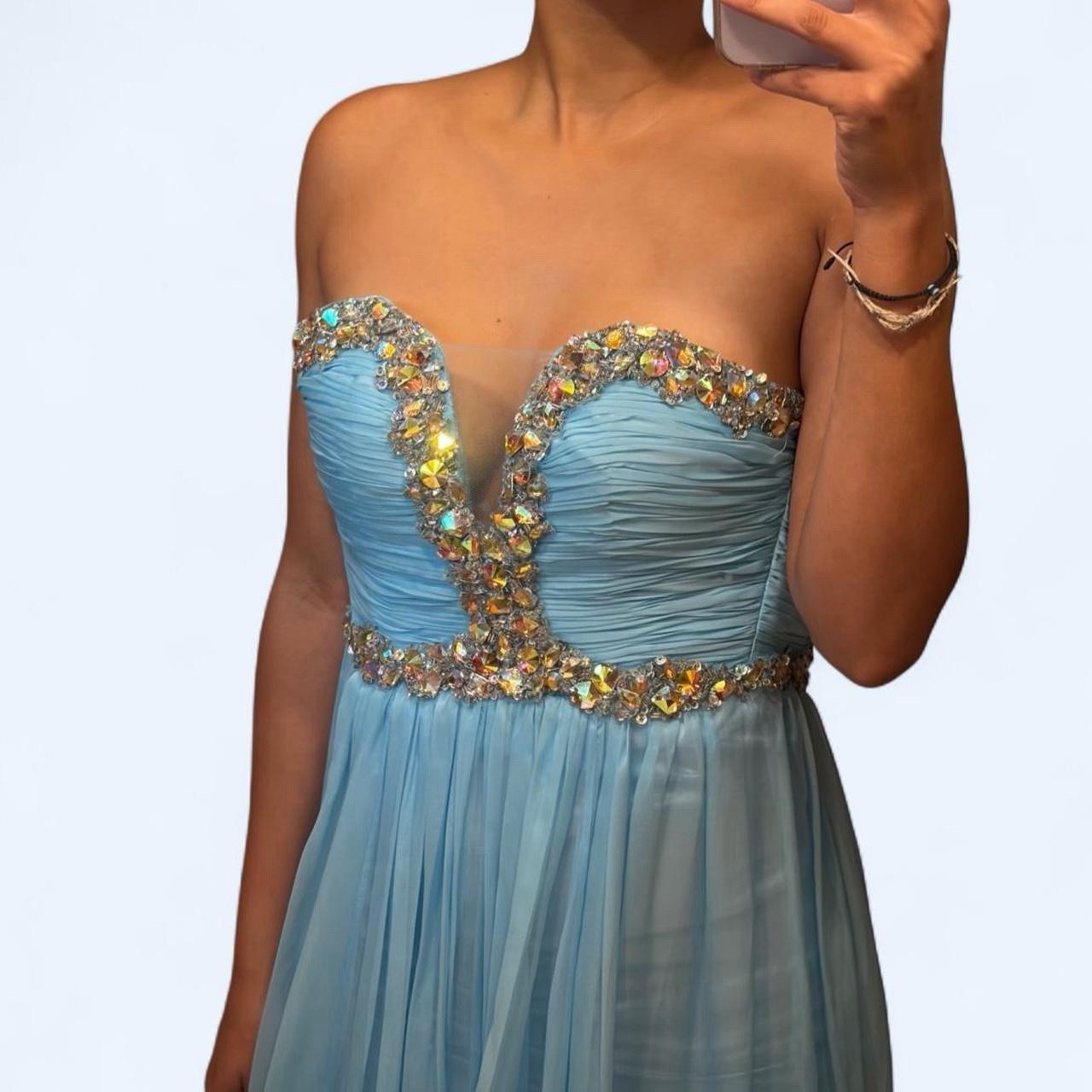 Blue Rhinestone Strapless Prom Dress XS/XXS Maxi Gown A-Line Party Beaded