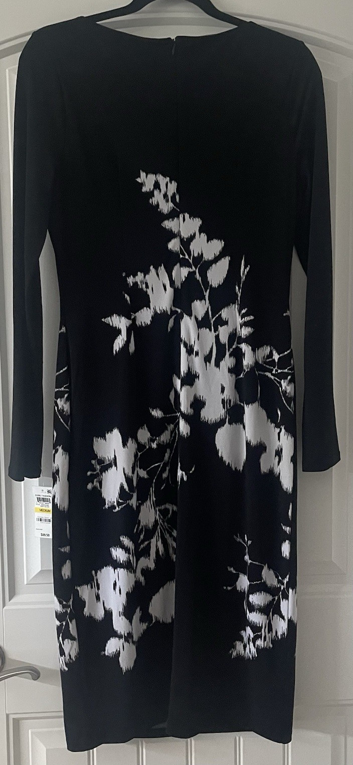 INC International Concepts Black White Floral Sheath Long Sleeve Knee Dress M