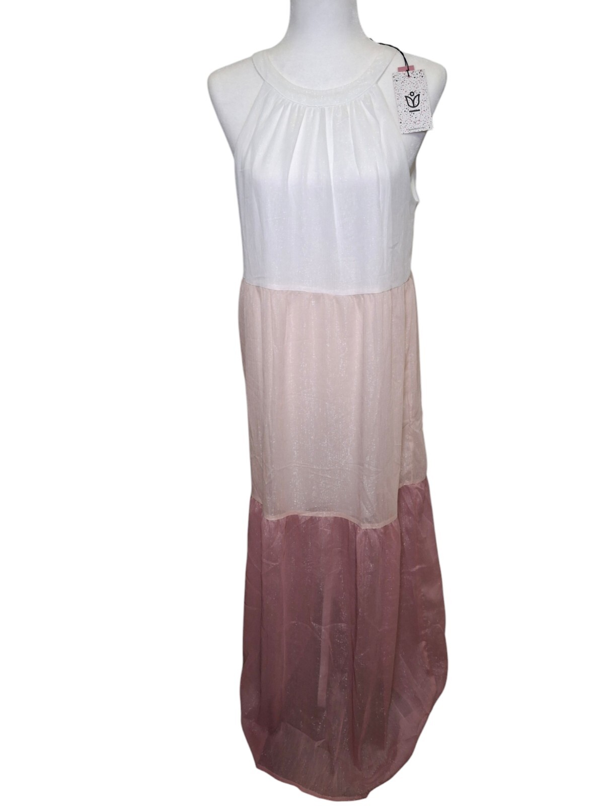 Andree by Unit Rose Maxi Dress Size Medium Lined Pink White Cream Sleeveless