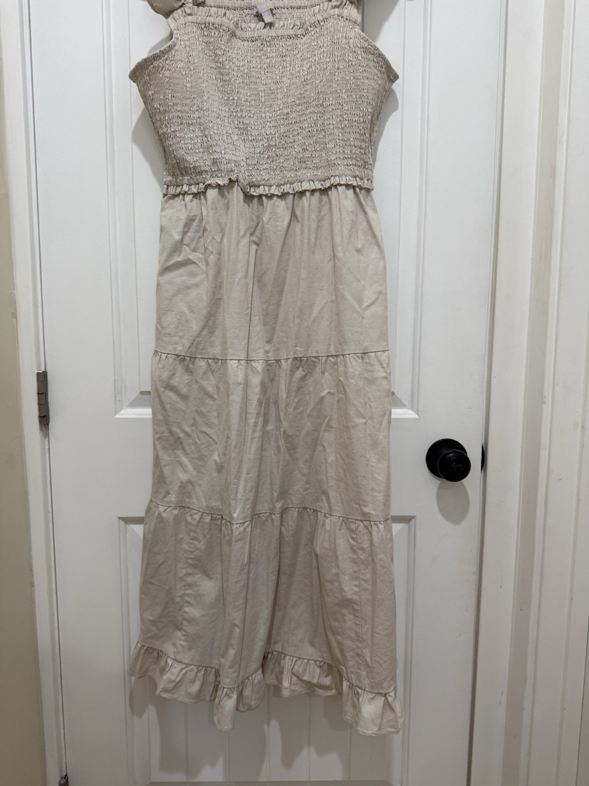 Chelsea28 Linen Blend Resort Smocked Dress Long Ruffle Sleeves Sz XL Khaki