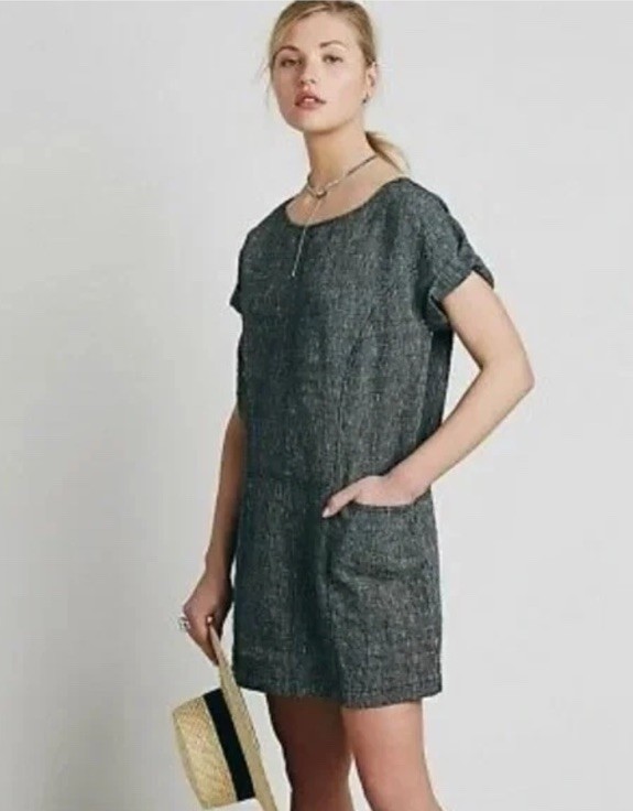 Free People Women’s Black Linen Blend Endless Shore Shift Dress Pockets Size S