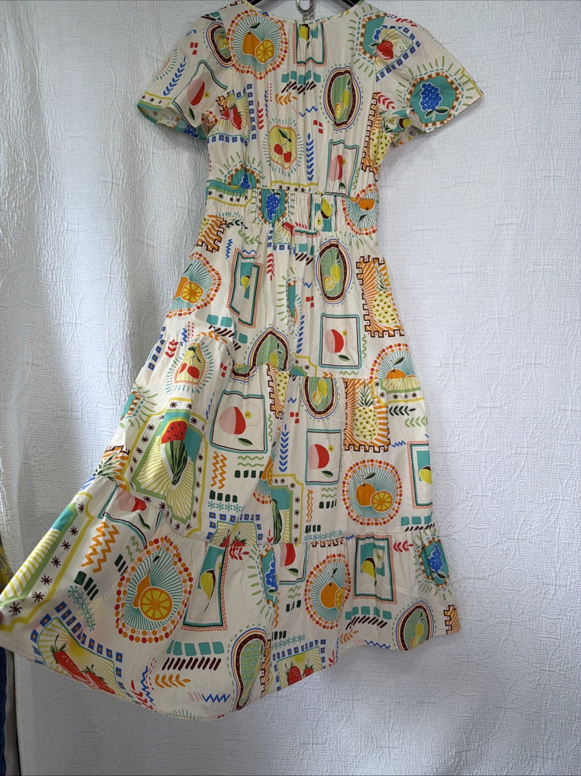 Easel Fruit Print Cotton Tiered Midi Dress Small Short Sleeve Garden Cottagecore