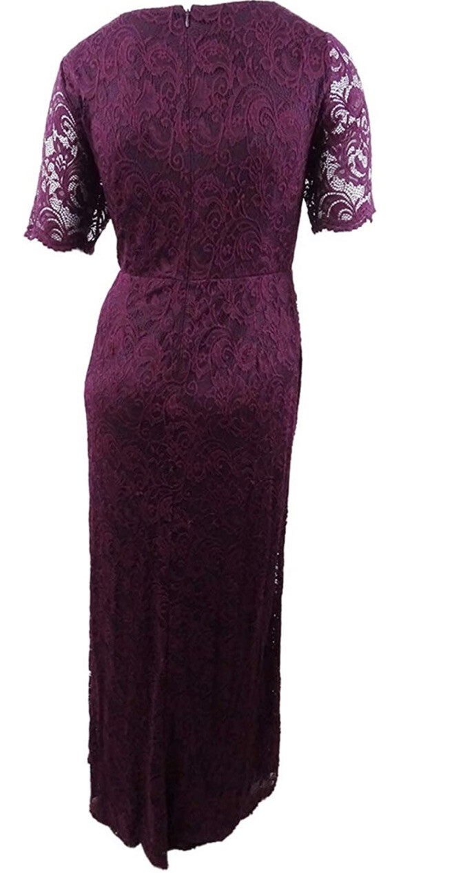 NWT Adrianna Papell Floor Length Lace Dress w/ Draped Skirt, Eggplant, sz 14
