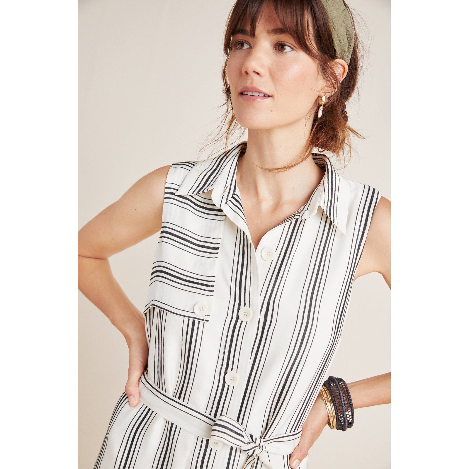 Maeve Anthropologie Esther Ivory Black Striped Sleeveless Belted Shirt Dress 12
