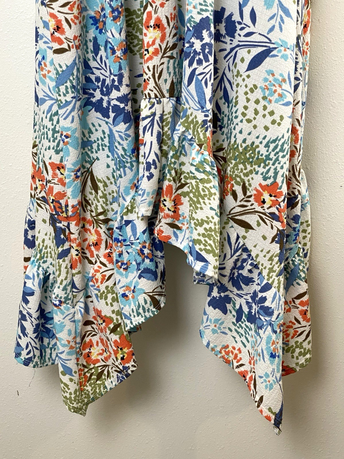 Three Bird Nest Ellie Ruffle Midi Dress Small Floral White Blue Green Boho