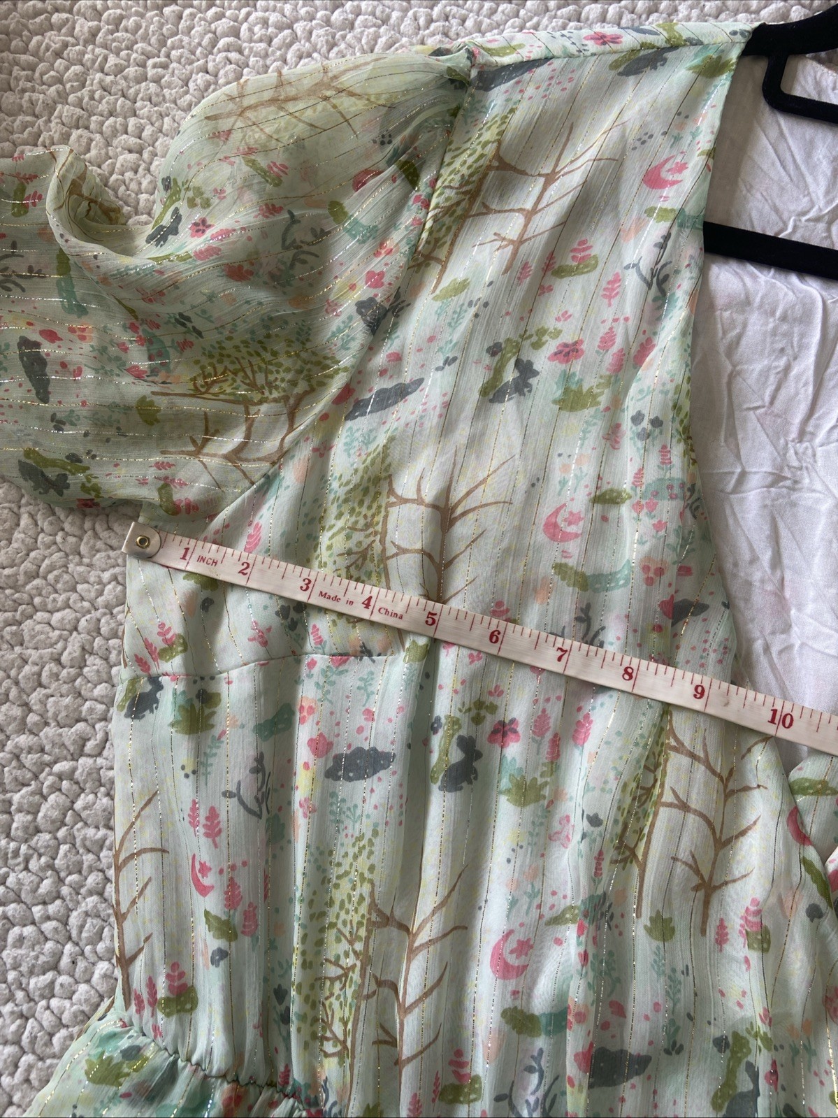 Oliver Bonas Sheer Floaty Leaf Print Midi Dress Ruffle Metallic Detail Size 16