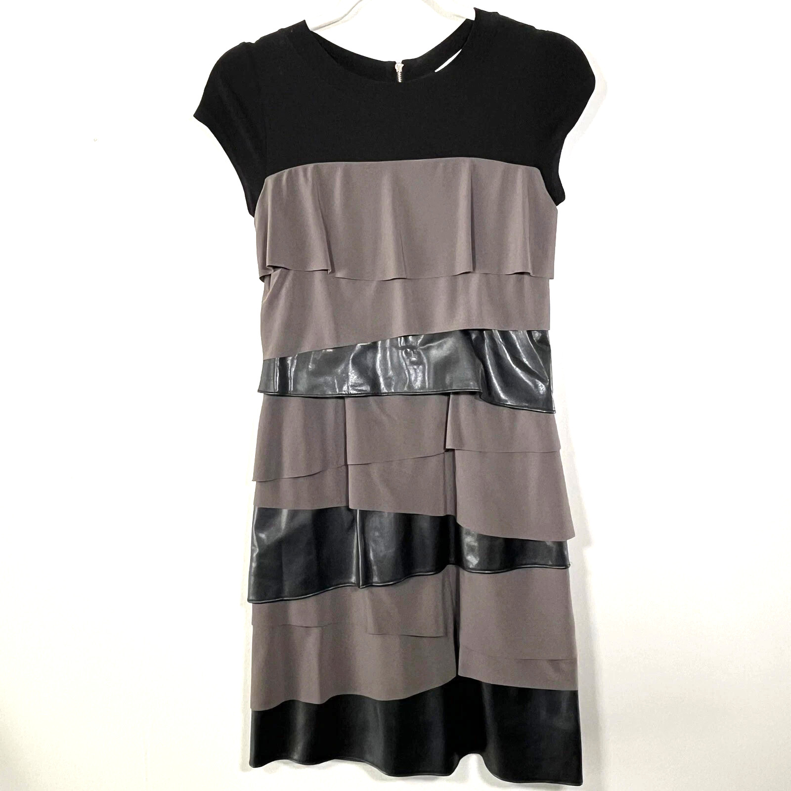 JOSEPH RIBKOFF BLACK FAUX LEATHER & TAUPE TIERED RUFFLED SS DRESS SIZE 6 S EUC