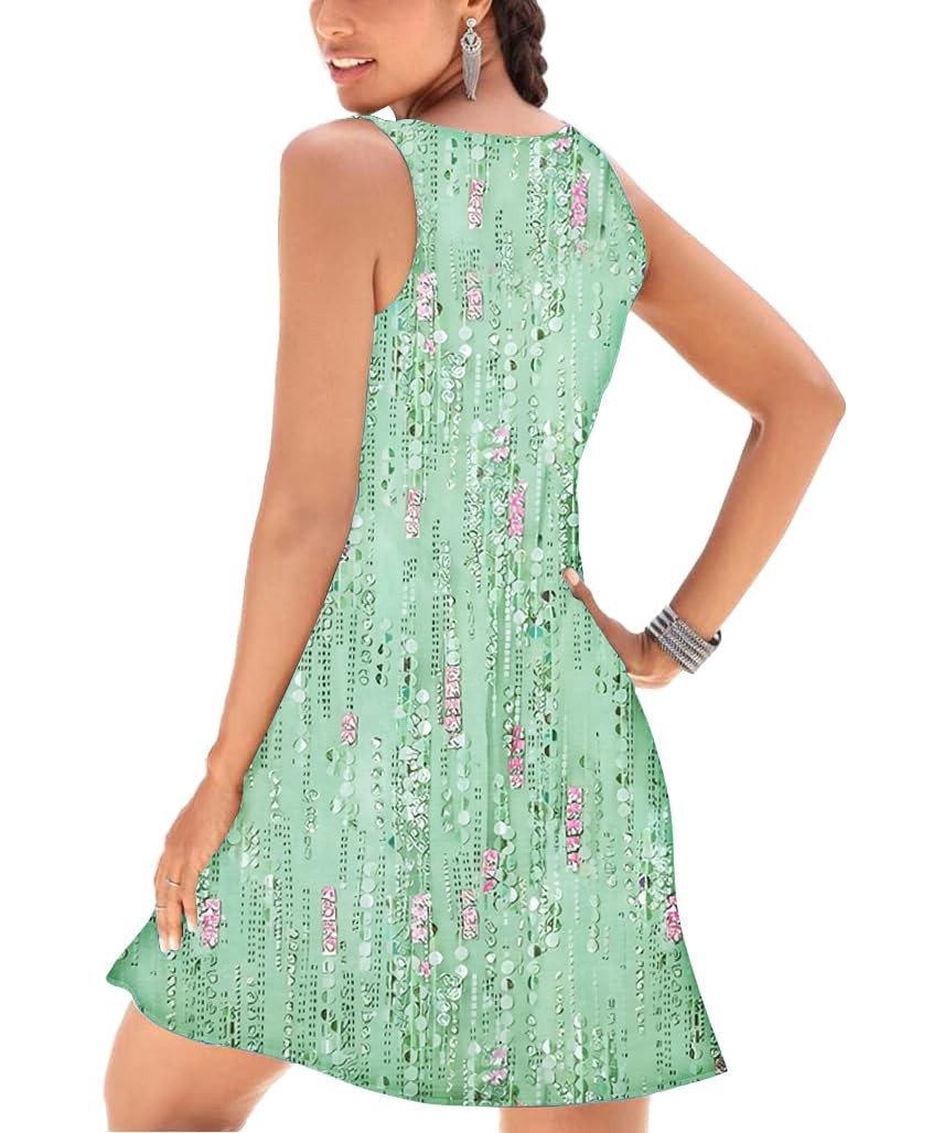 V-Neck Floral Printed Summer A-Line Elegant Dress, Mint Green, Size Small
