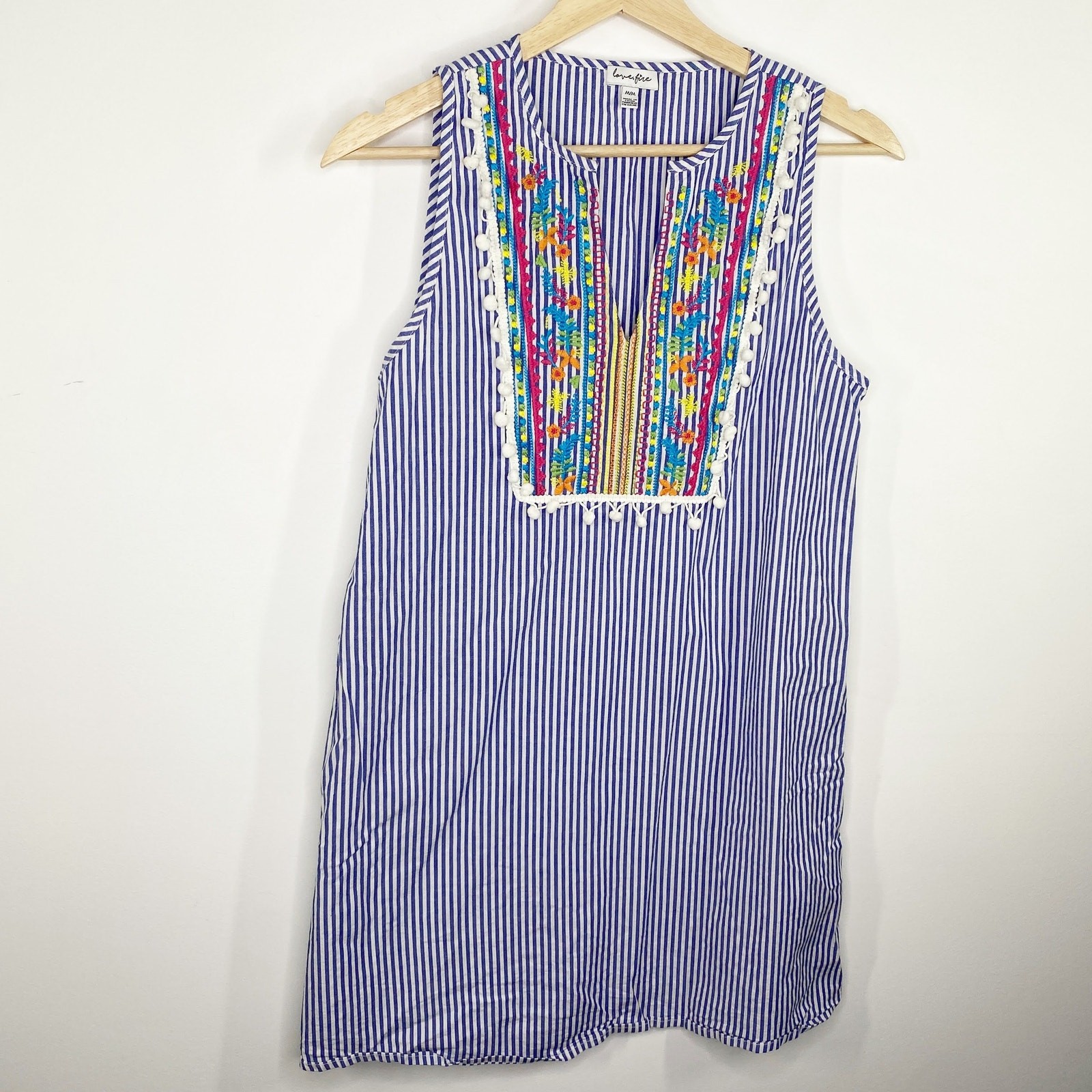 Love, Fire Women Tank Dress Size M Blue Striped Embroidery Pom Pom Resort Beach