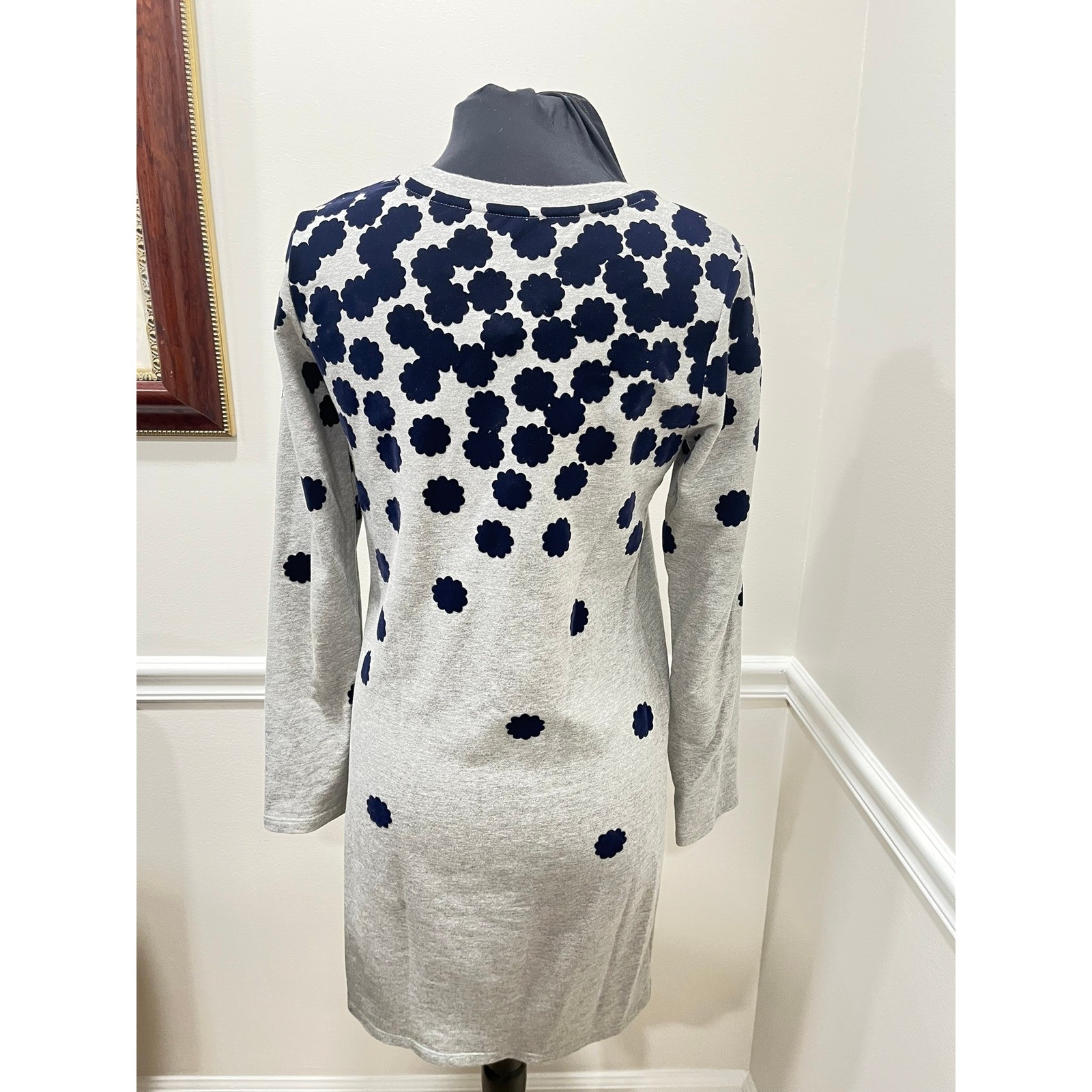 Boden Women Gray Navy Blue Flocked Floral Sweatshirt Dress Long Sleeve Size 4R