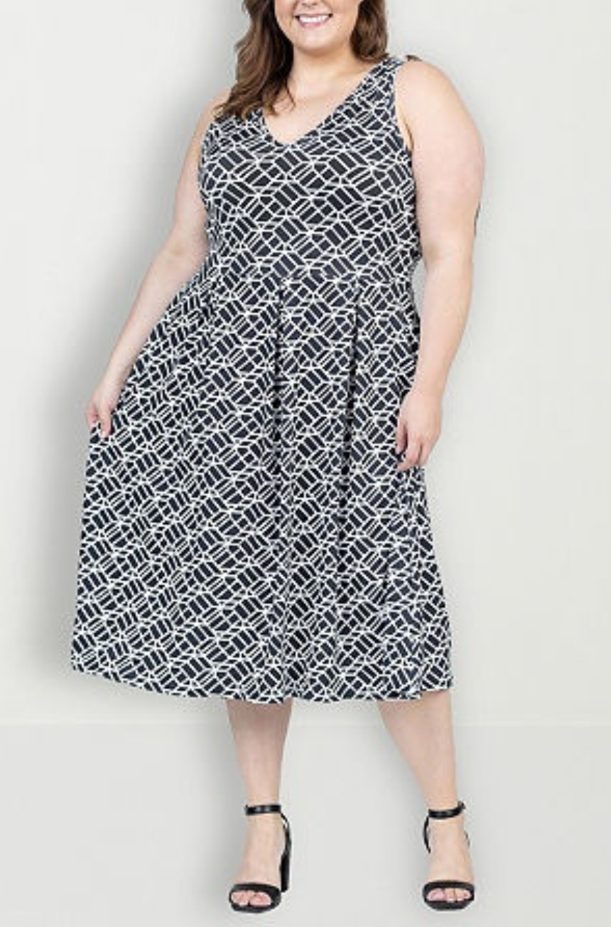 24seven Comfort Apparel Sleeveless Pocket Dress Black Multi Plus Size 1X