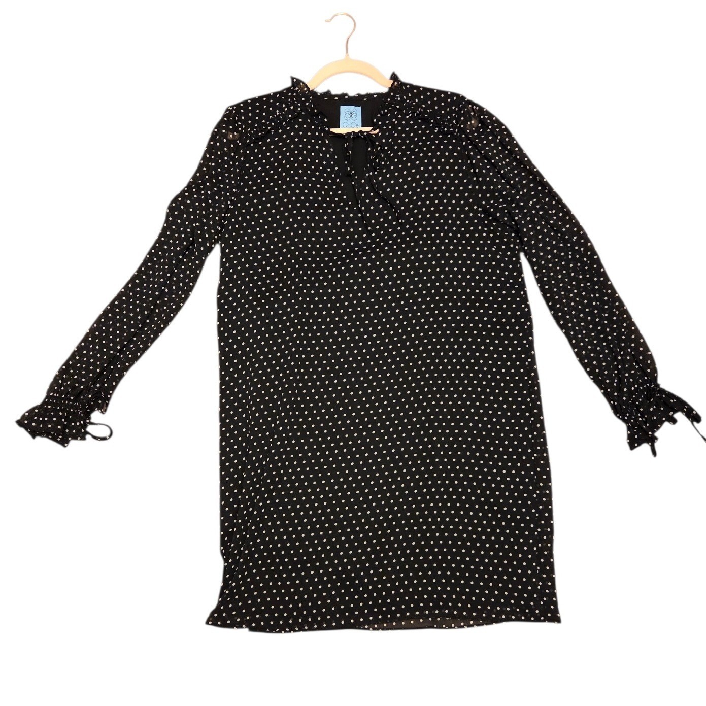 CeCe Women Black White Polka Dot Chiffon Shift Dress Long Sleeve Ruffle Neck L