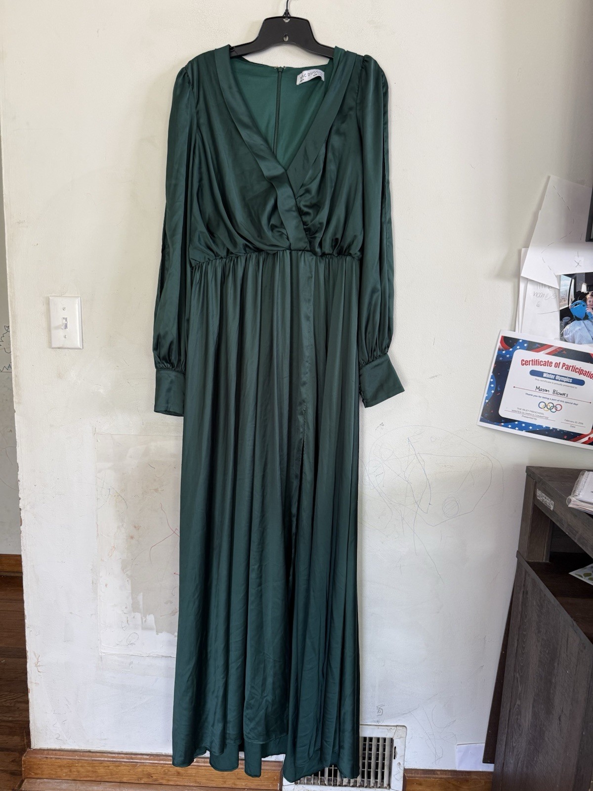 Mac Duggal Womens Emerald Green Satin Cinched Waist Dress, Bishop Sleeve, US 10
