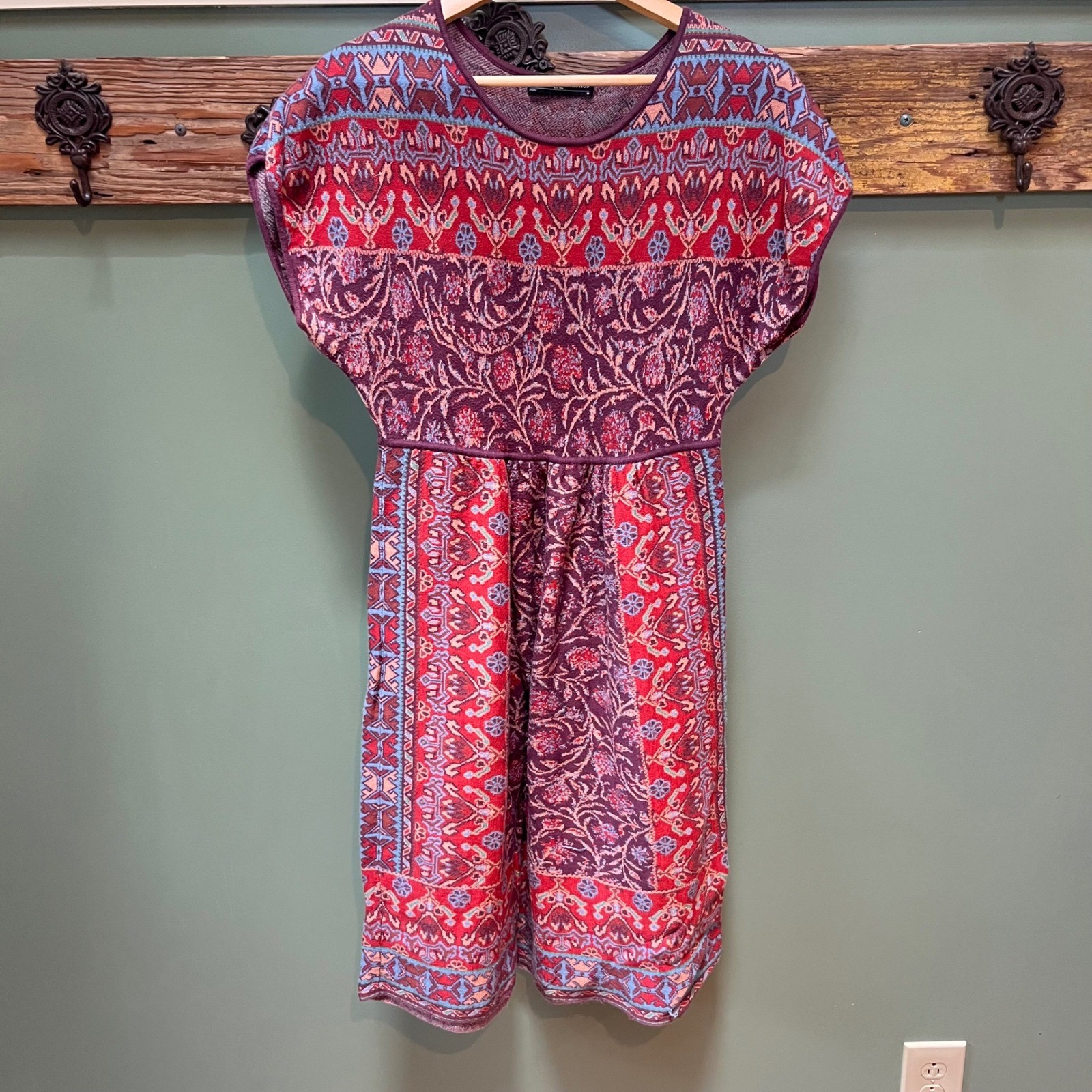 Peruvian Connection Pima Cotton Jacquard Knit Dress Red Burgundy Blue Womens M