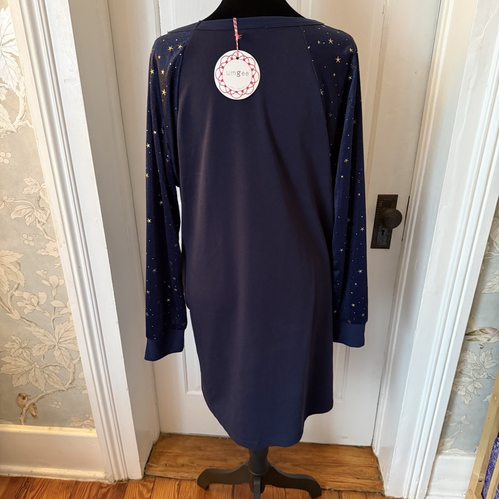 Umgee Midnight Blue Knit Star Print Balloon Sleeve Crew Neck Shift Dress S