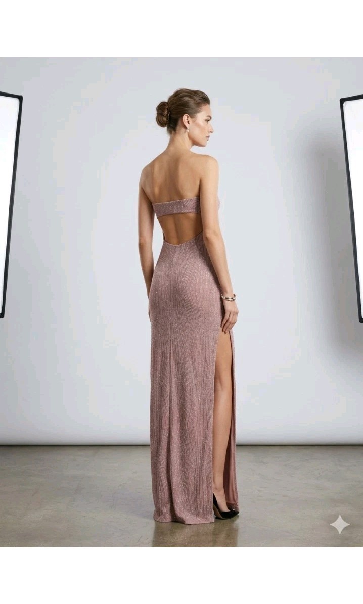 Pink Glitter Strapless Backless Long Bodycon Dress Side Slit Knit