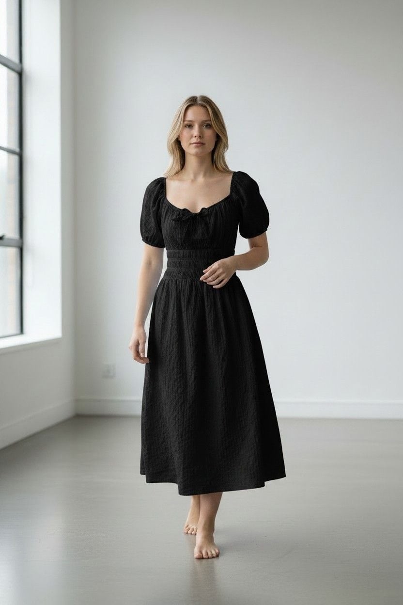Popular 21 Black Puff-Sleeve Smocked Midi Dress with Tie Detail