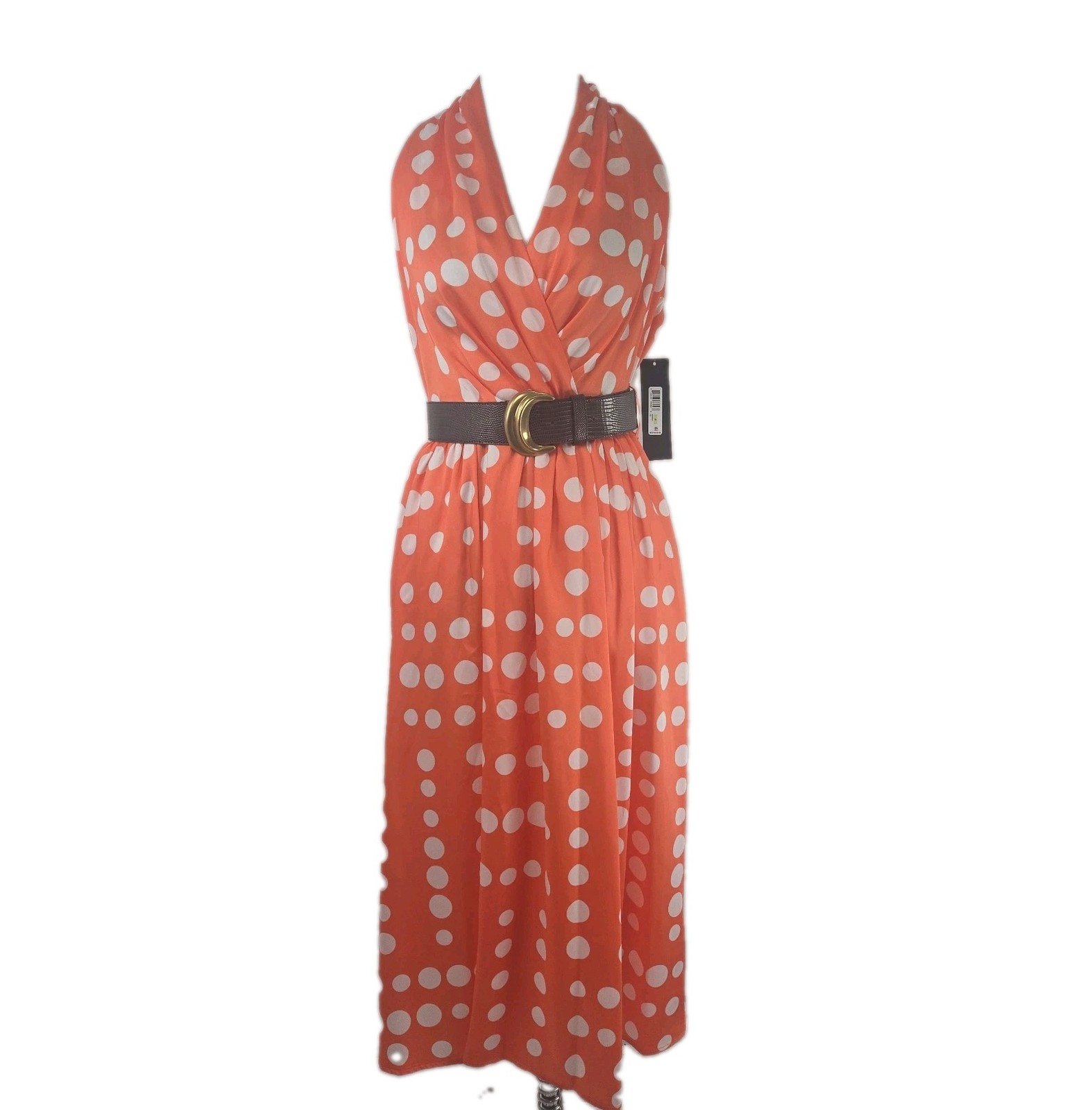 Donna Karen New York Orange Dot Print V-neck Halter Style MIDI Dress Size 4 NWT