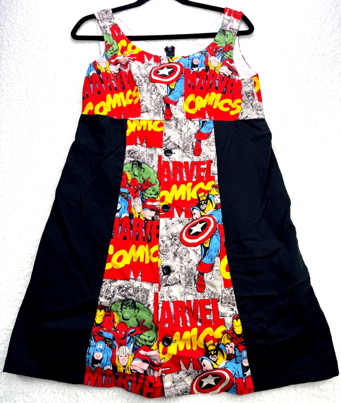Marvel Comics Black and Character Print Button Up Sleeveless Dress Size M