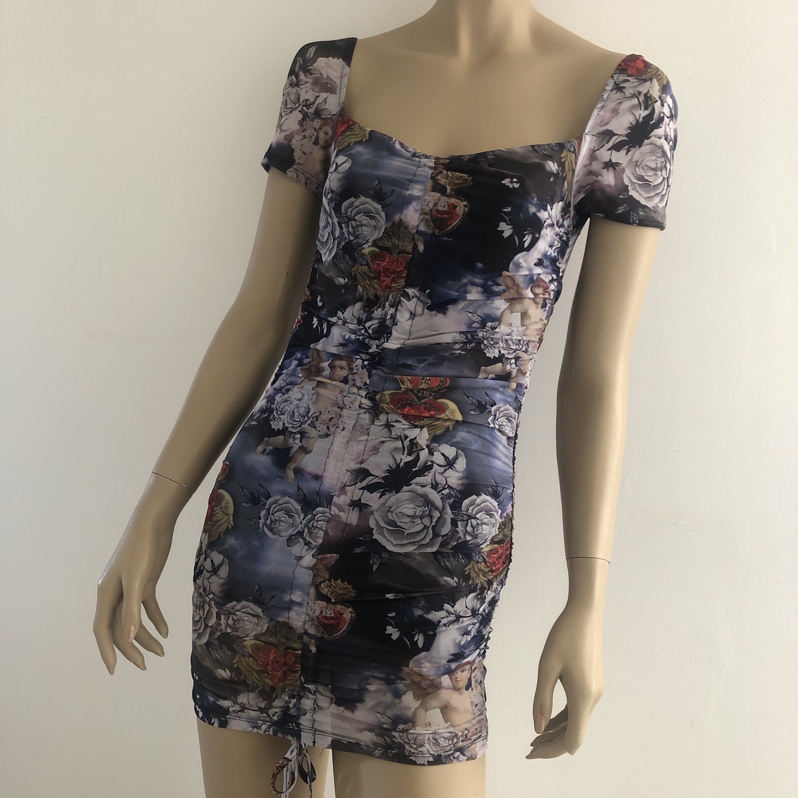 Jaded London Dark Romance Cherubs Roses Crown Y2K Ruched Mesh Mini Dress • XS